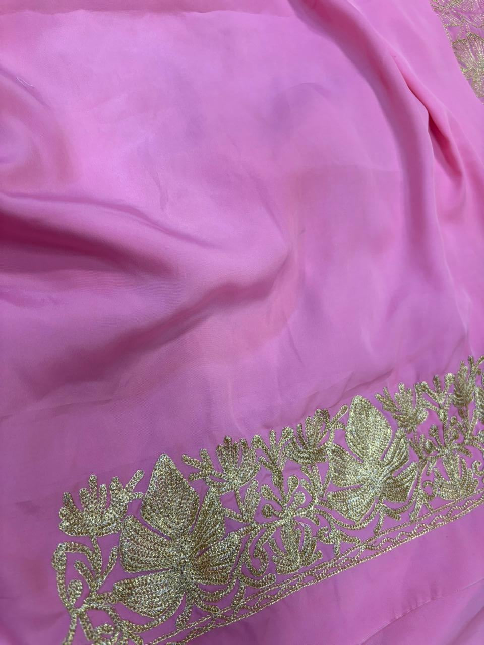 Pink Kashmiri Aari Crepe Saree—Chain Stitch Embroidery, Festive & Wedding
