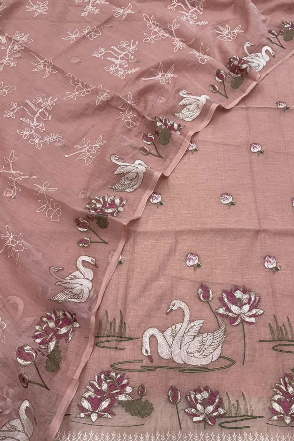 Pink Parsi Gara Cotton Suit — Embroidered Swan Design, Festive
