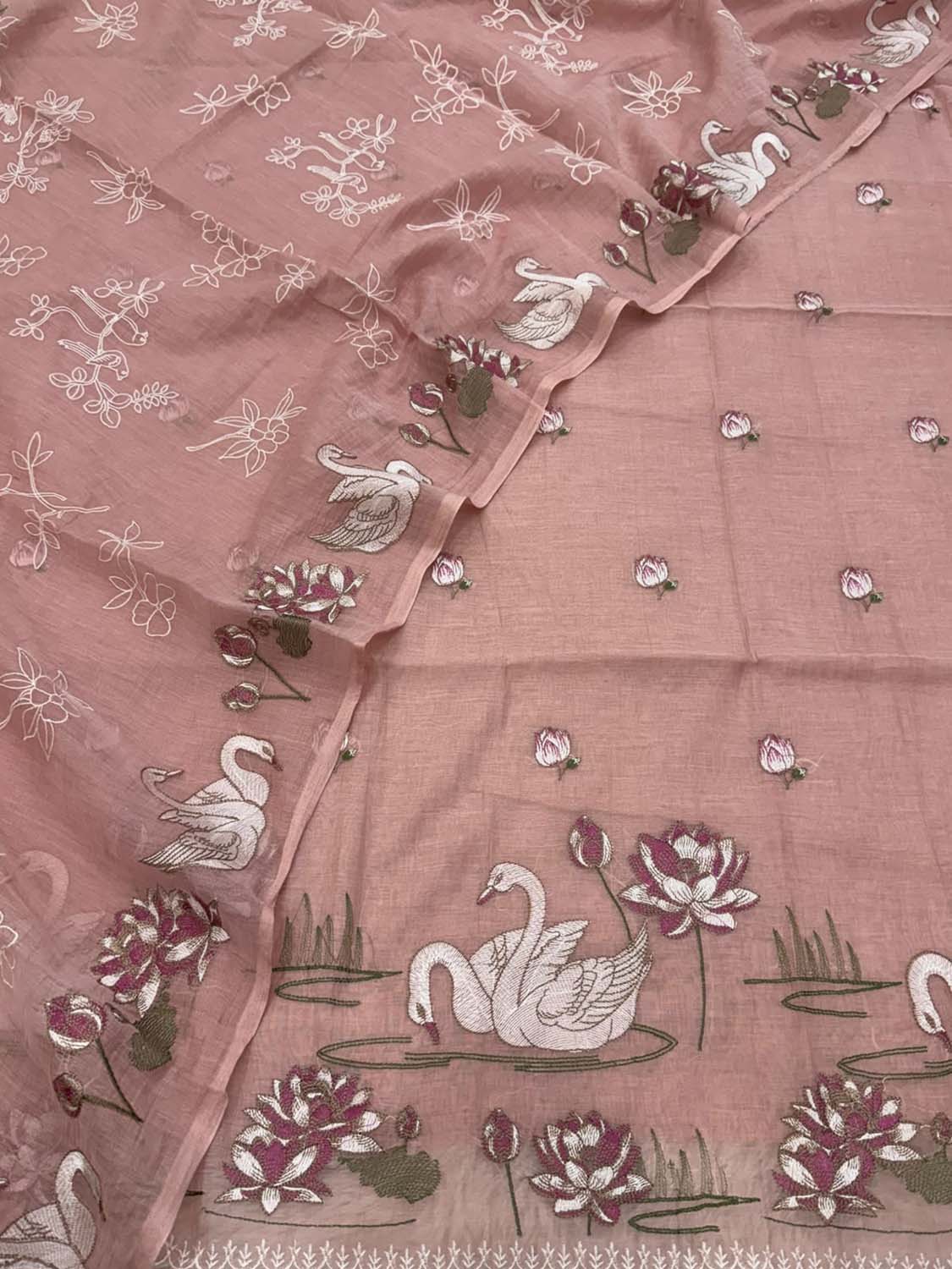 Pink Parsi Gara Cotton Suit — Embroidered Swan Design, Festive