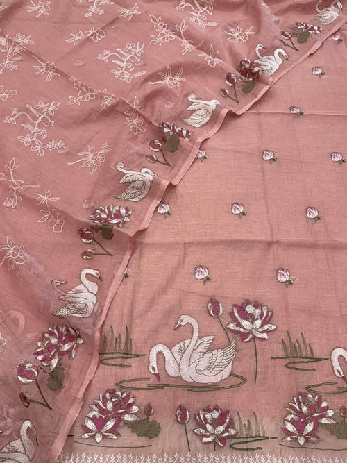 Pink Parsi Gara Cotton Suit — Embroidered Swan Design, Festive