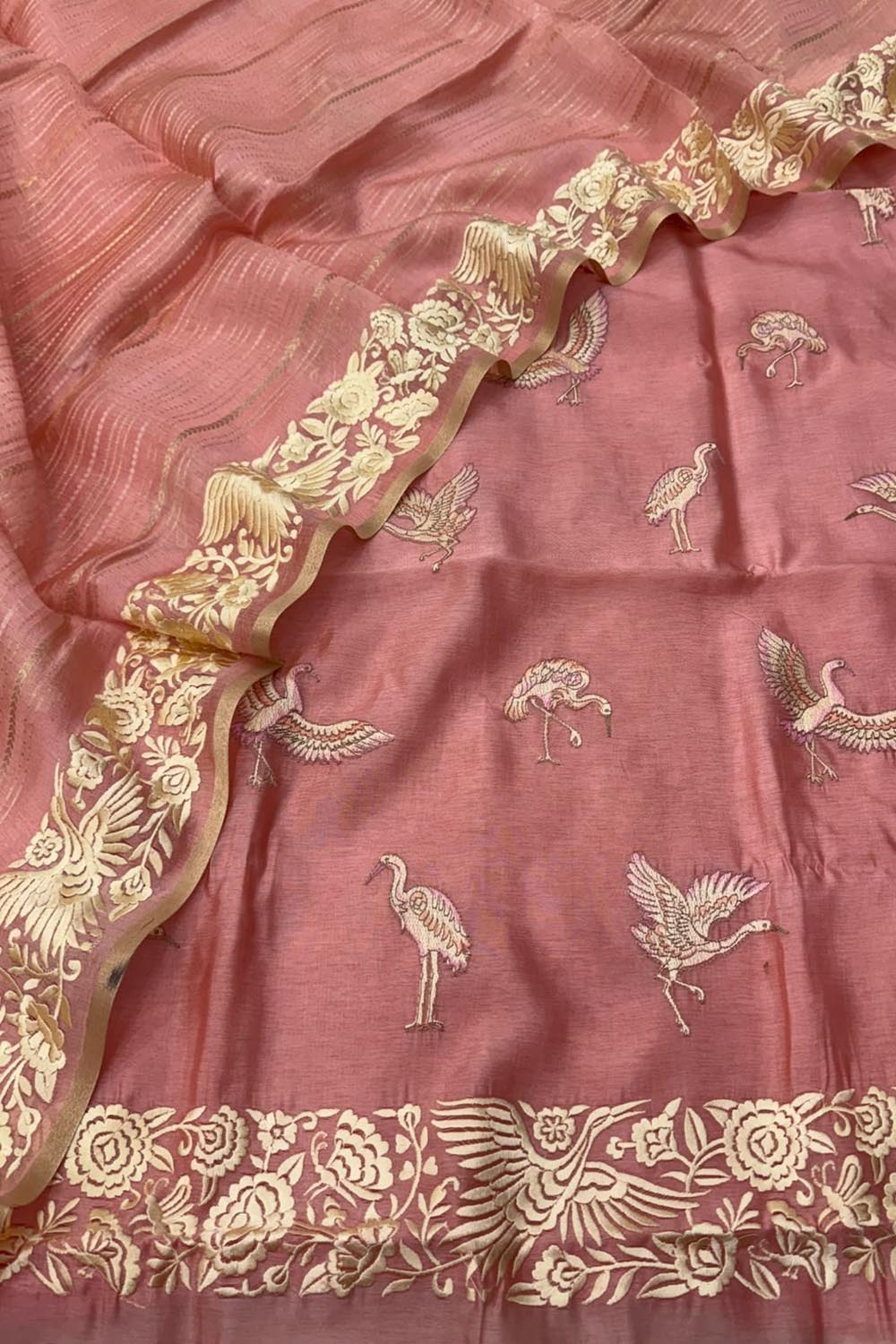 Pink Parsi Gara Raw Silk Suit — Embroidered Floral Motif, Bridal