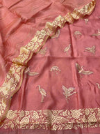 Pink Parsi Gara Raw Silk Suit — Embroidered Floral Motif, Bridal