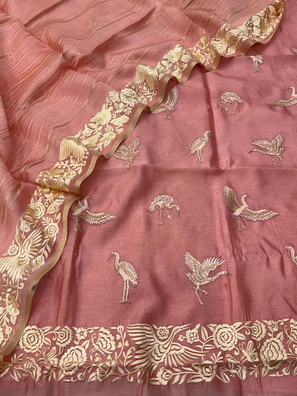 Pink Parsi Gara Raw Silk Suit — Embroidered Floral Motif, Bridal