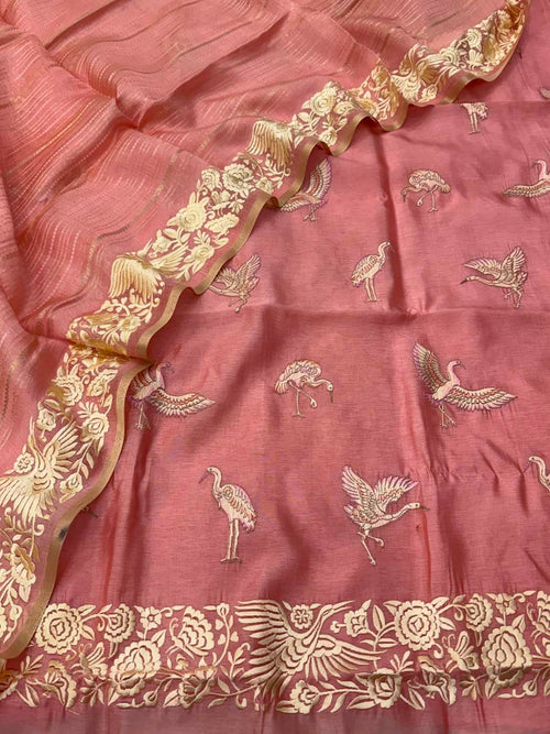 Pink Embroidered Parsi Raw Silk Unstitched Three Piece Suit Set