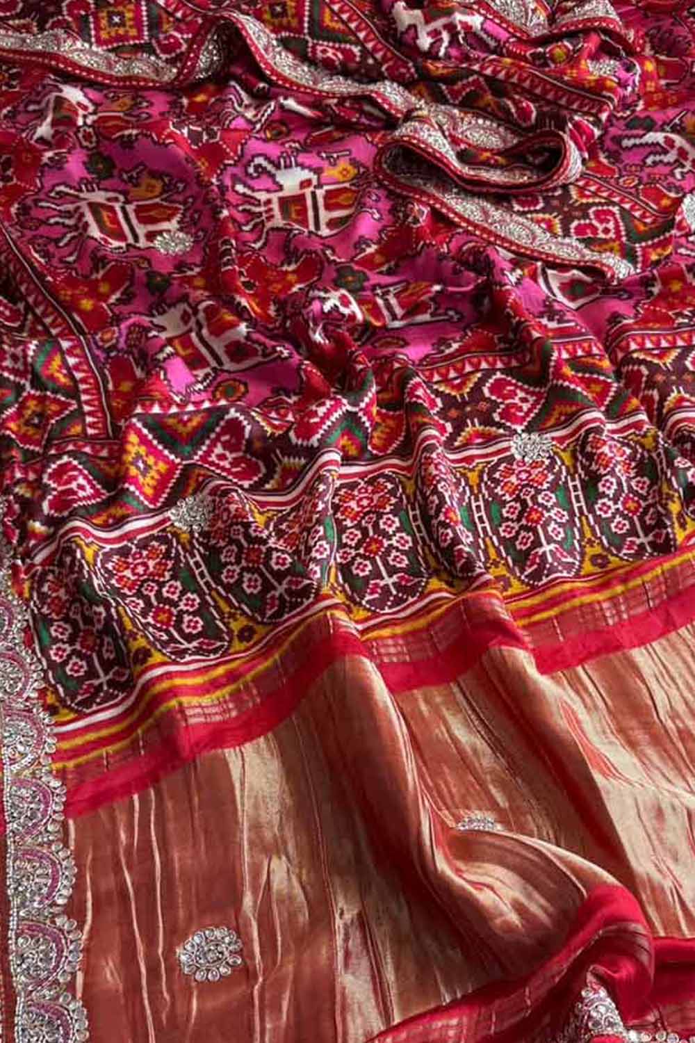 Pink Digital Print Patola Gajji Silk Saree Lagda Border Hand Gotta Patti