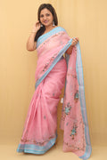Pink Hand Embroidered Linen Organza Saree - Luxurion World