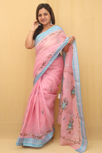 Pink Hand Embroidered Linen Organza Saree - Luxurion World