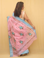 Pink Hand Embroidered Linen Organza Saree - Luxurion World