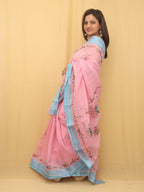 Pink Hand Embroidered Linen Organza Saree - Luxurion World