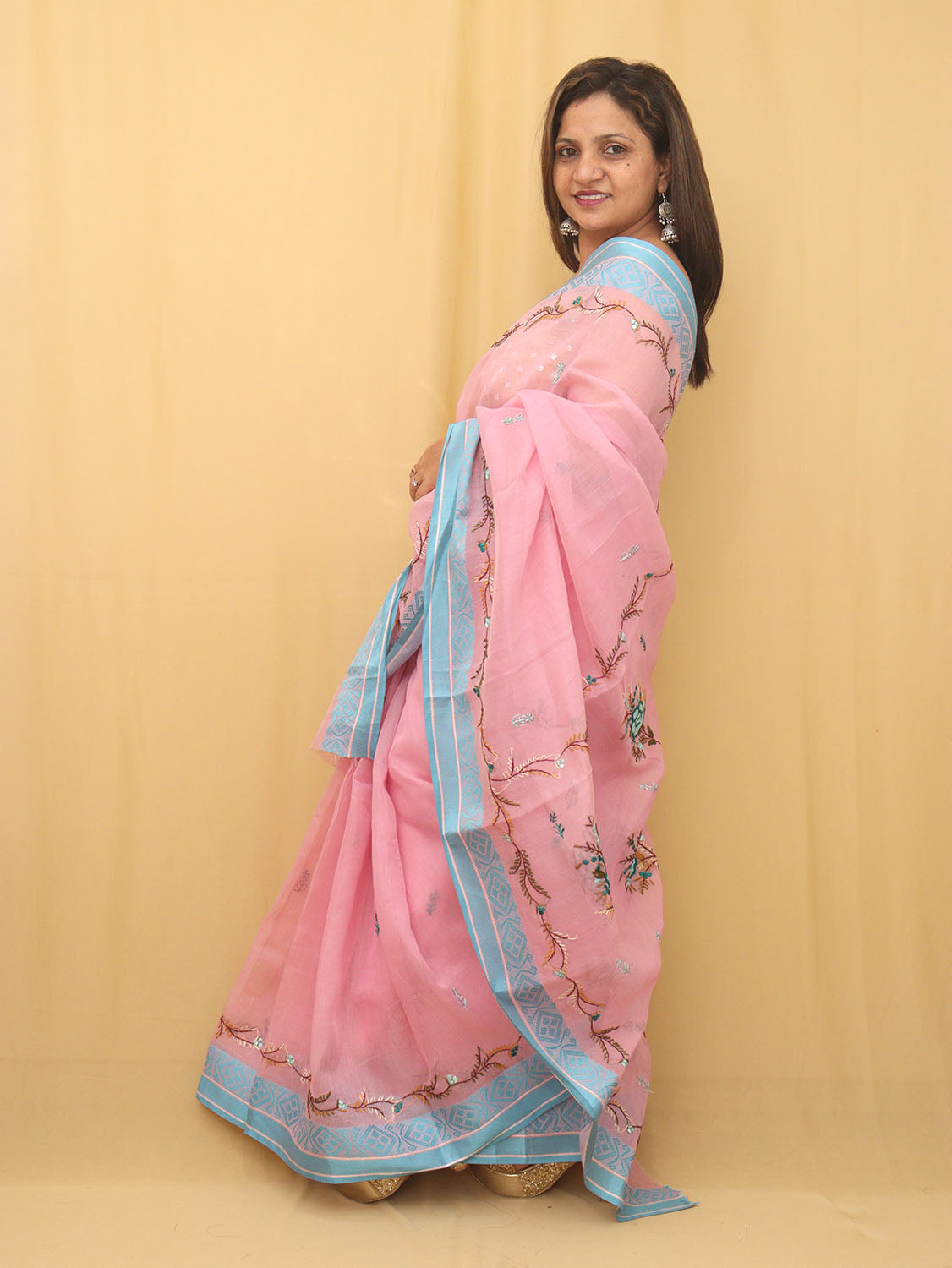 Pink Hand Embroidered Linen Organza Saree - Luxurion World