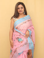 Pink Hand Embroidered Linen Organza Saree - Luxurion World