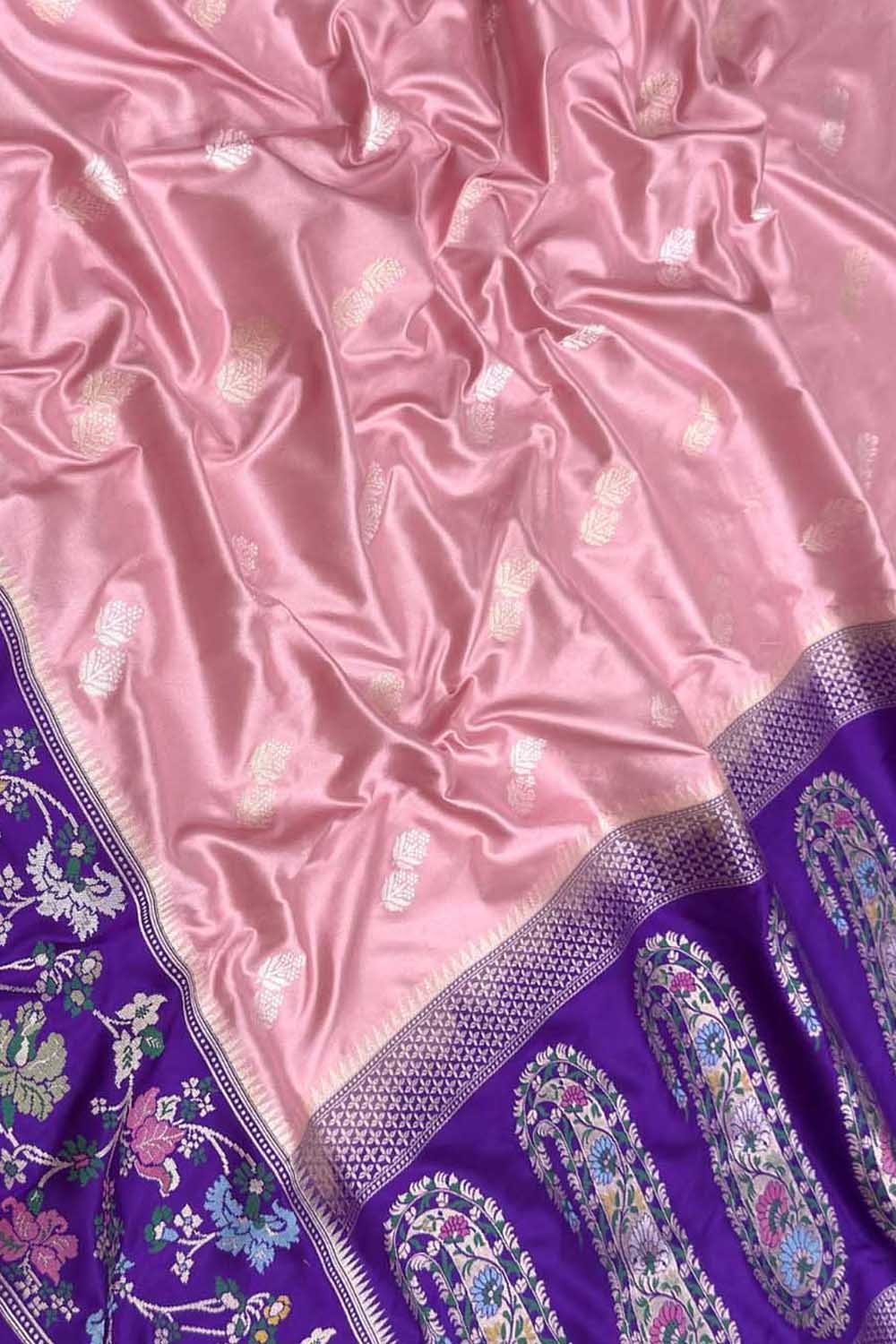 Pink Banarasi Handloom Pure Katan Silk Meenakari Flower Design Saree