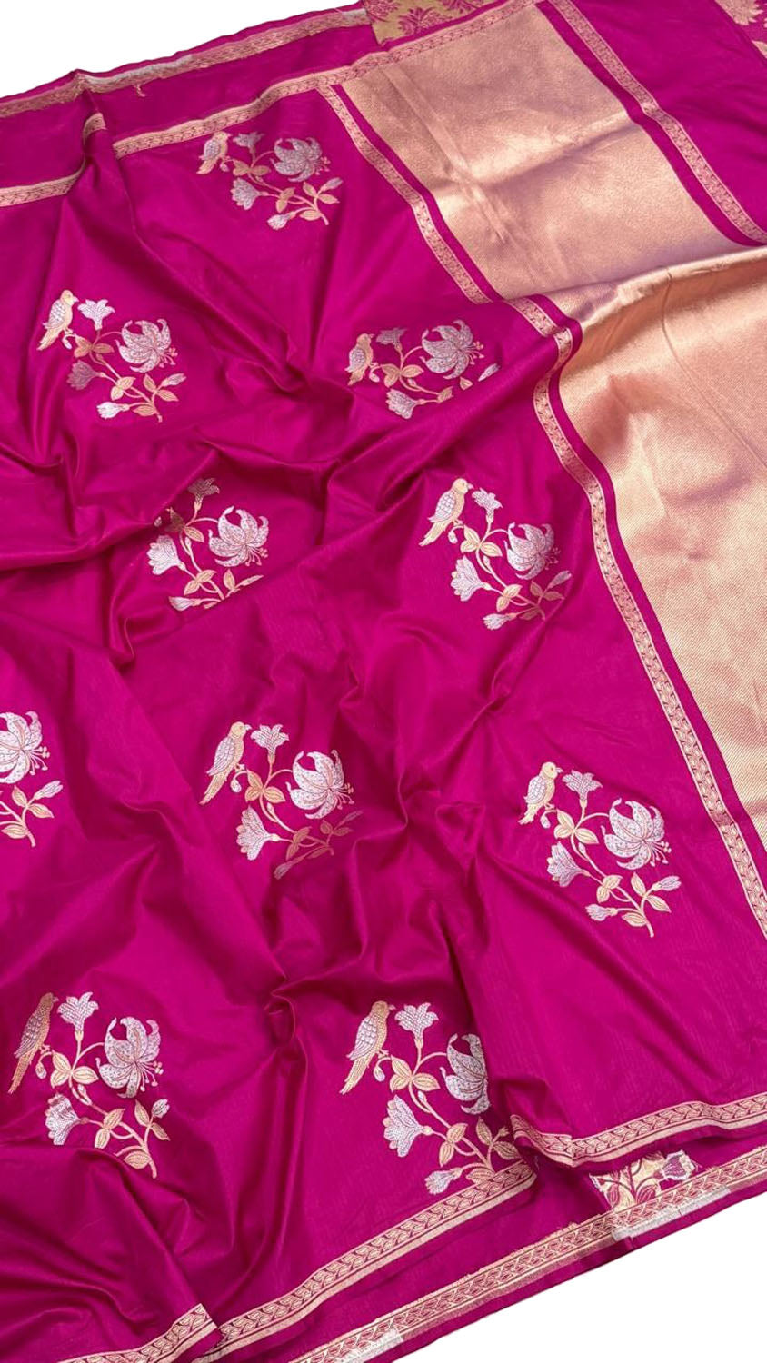 Pink Handloom Banarasi Pure Katan Silk Sona Roopa Bird And Flower Design Saree PS1B1SV326092301