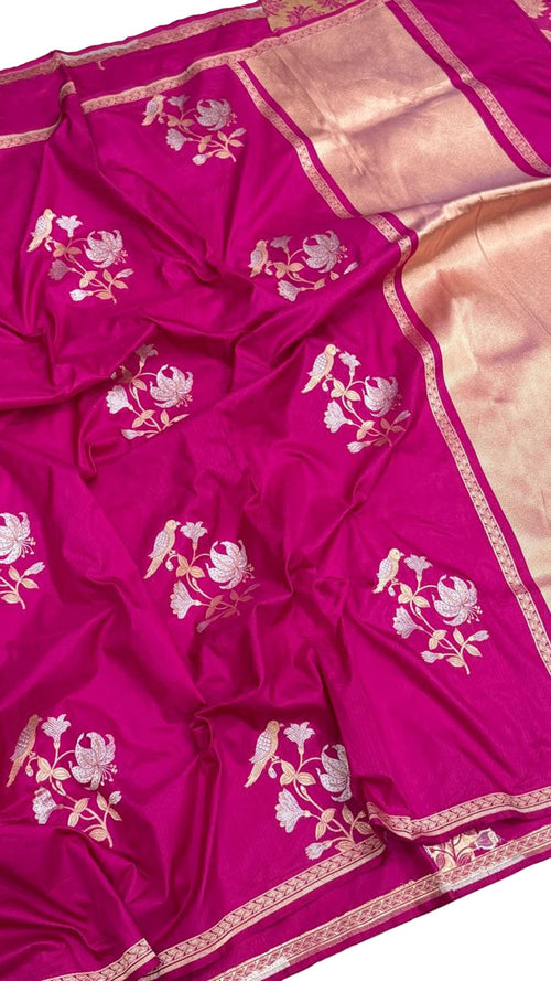 Pink Handloom Banarasi Pure Katan Silk Sona Roopa Bird And Flower Design Saree PS1B1SV326092301