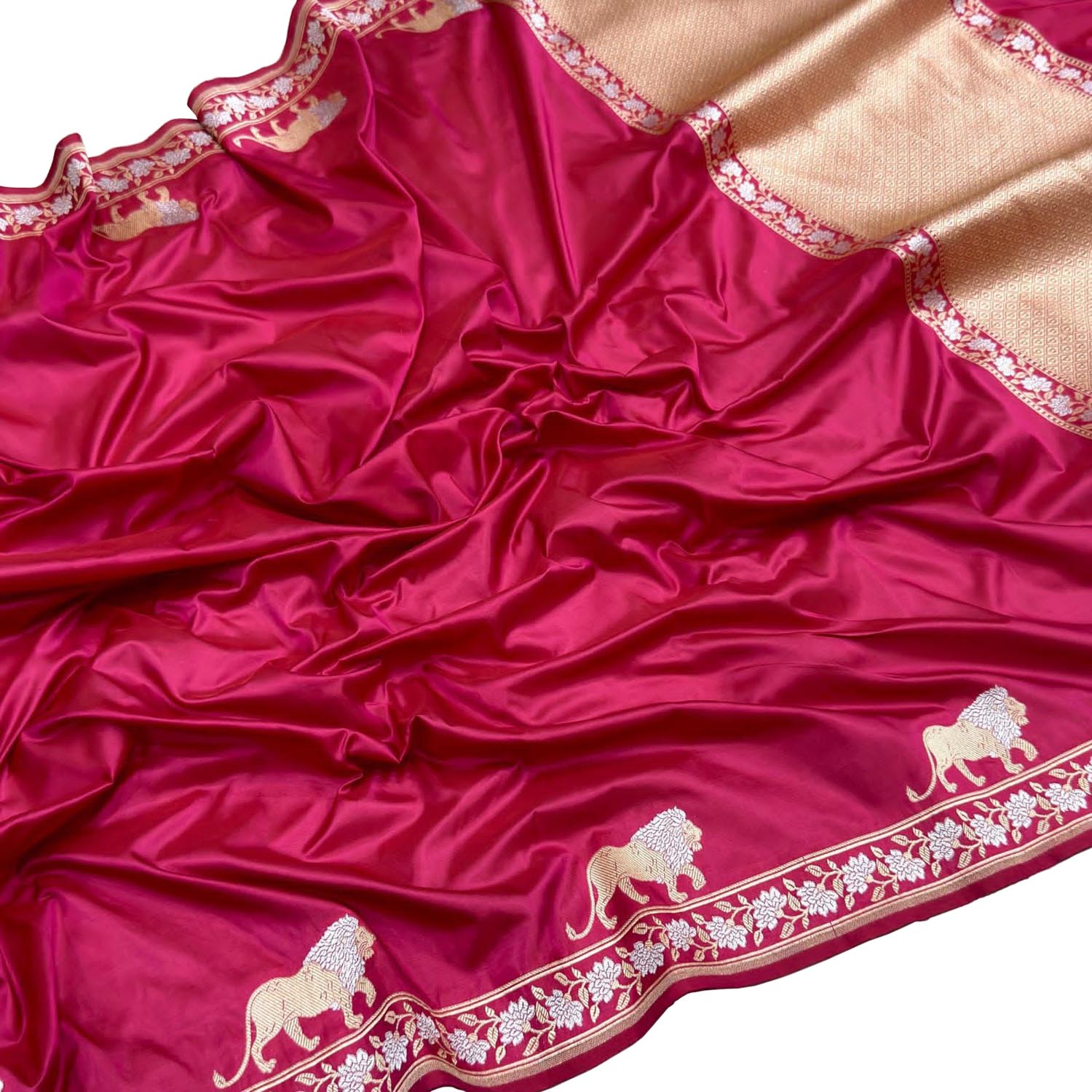 Pink Handloom Banarasi Pure Katan Silk Sona Roopa Lion Design Saree
