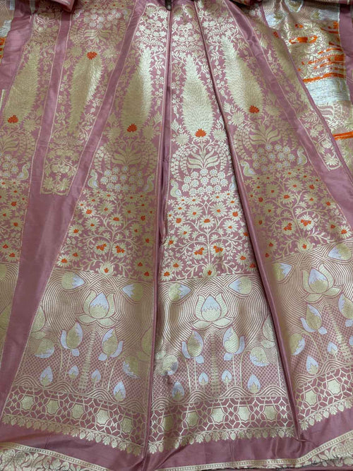 Pink Handloom Banarasi Pure Katan Silk Unstitched Lehenga Set