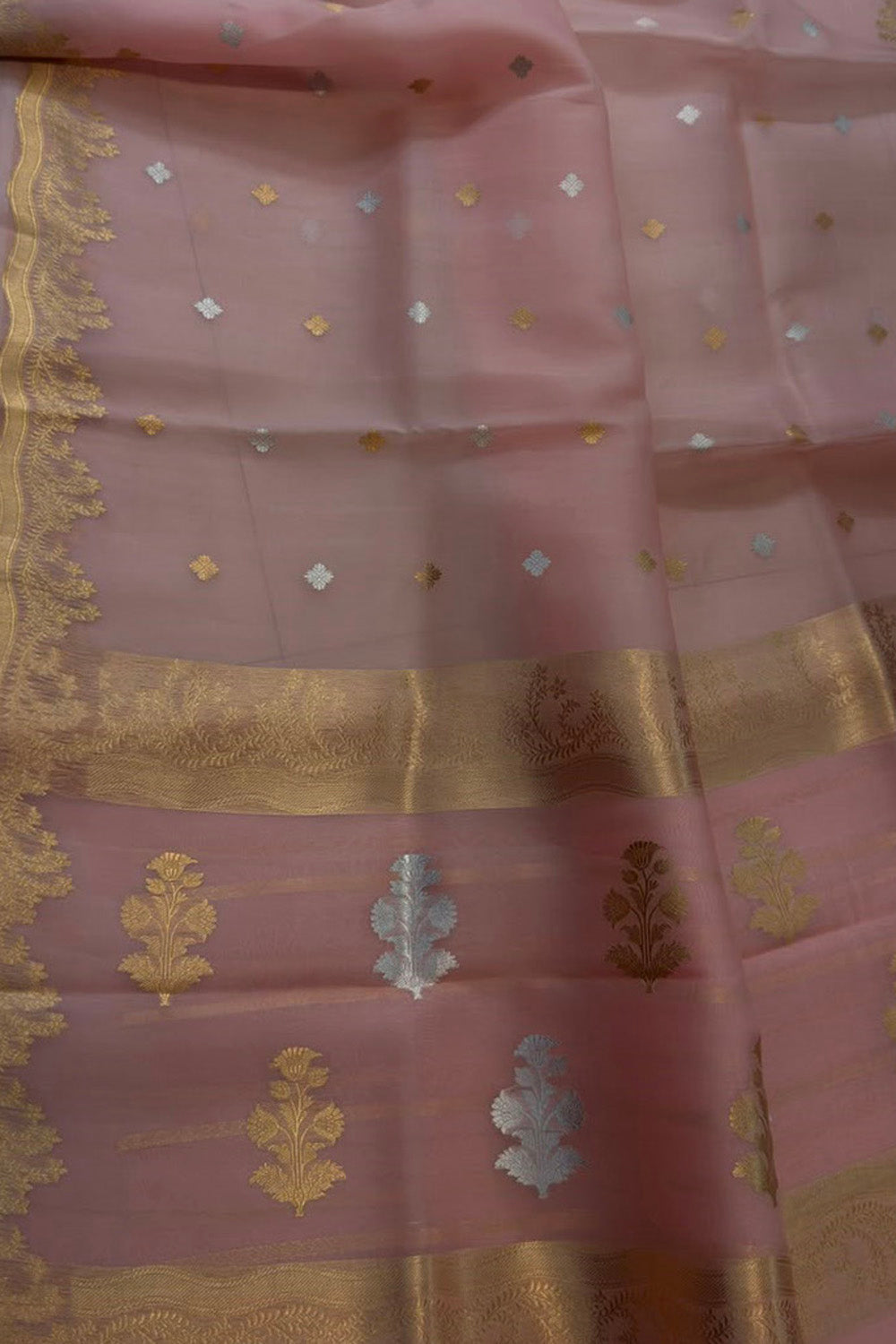 Pink Handloom Banarasi Pure Kora Organza Saree