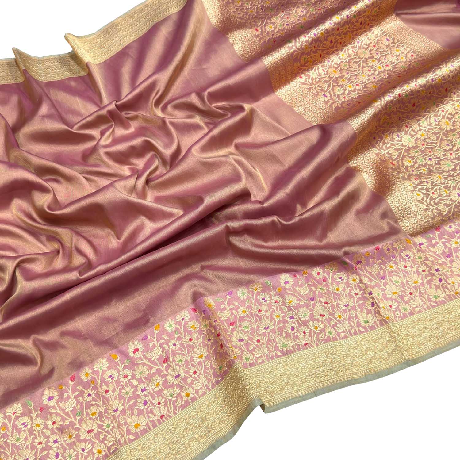 Pink Banarasi Handloom Pure Tissue Katan Silk Meenakari Flower Design Saree