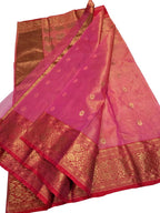 Pink Handloom Chanderi Tissue Katan Silk Saree — Zari Motifs, Bridal