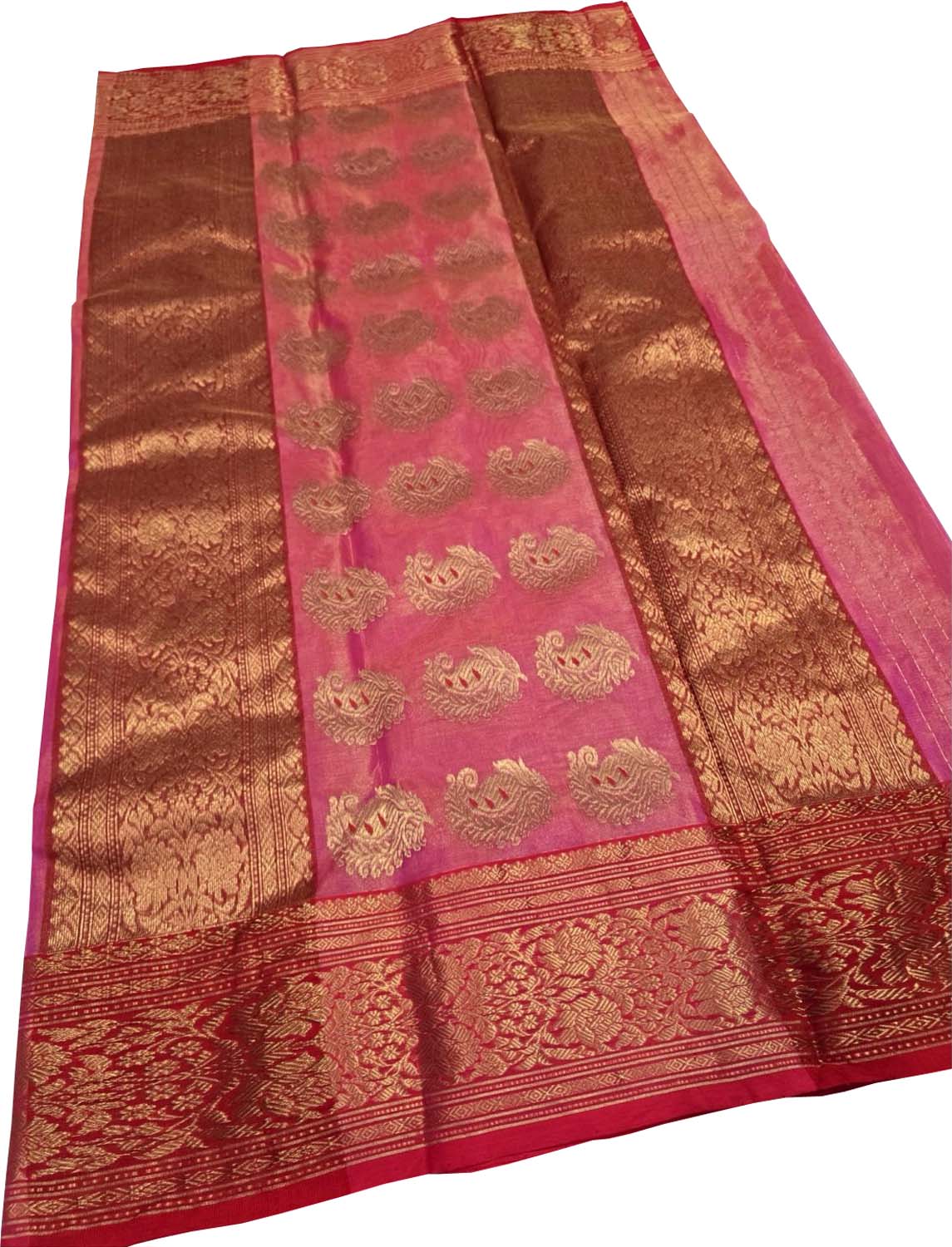 Pink Handloom Chanderi Tissue Katan Silk Saree — Zari Motifs, Bridal
