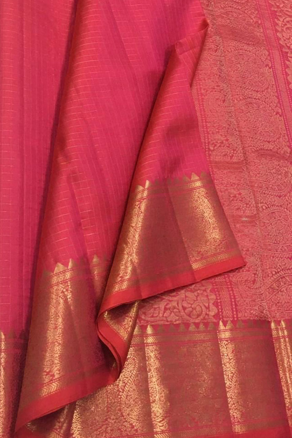 Pink Handloom Kanjeevaram Pure Silk Saree — Rose Vine Pallu Zari, Wedding