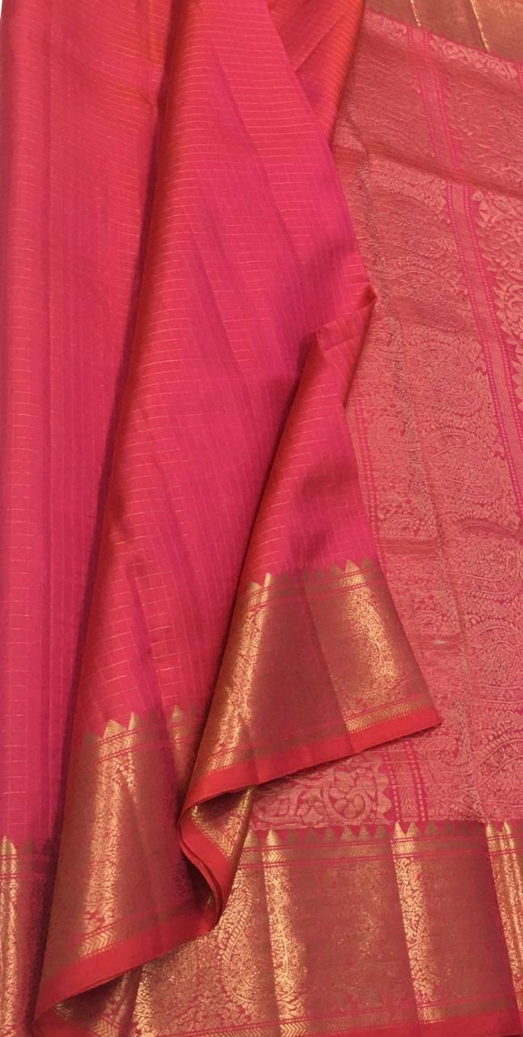 Pink Handloom Kanjeevaram Pure Silk Saree — Rose Vine Pallu Zari, Wedding