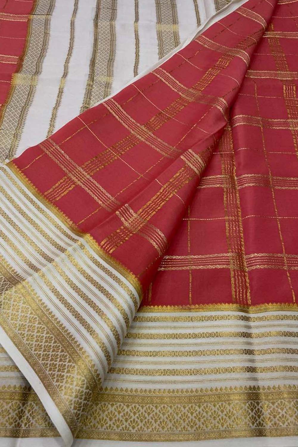 Pink Mysore Crepe Silk Checks Saree — Handloom Weave, Festive