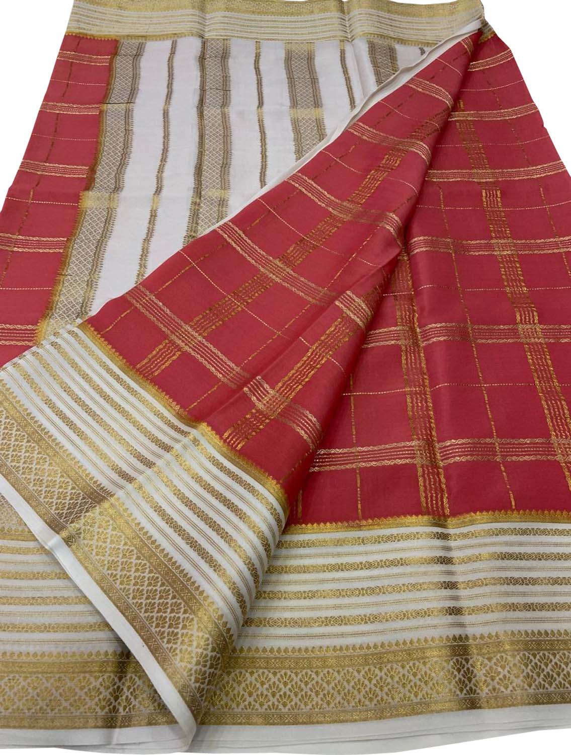 Pink Mysore Crepe Silk Checks Saree — Handloom Weave, Festive