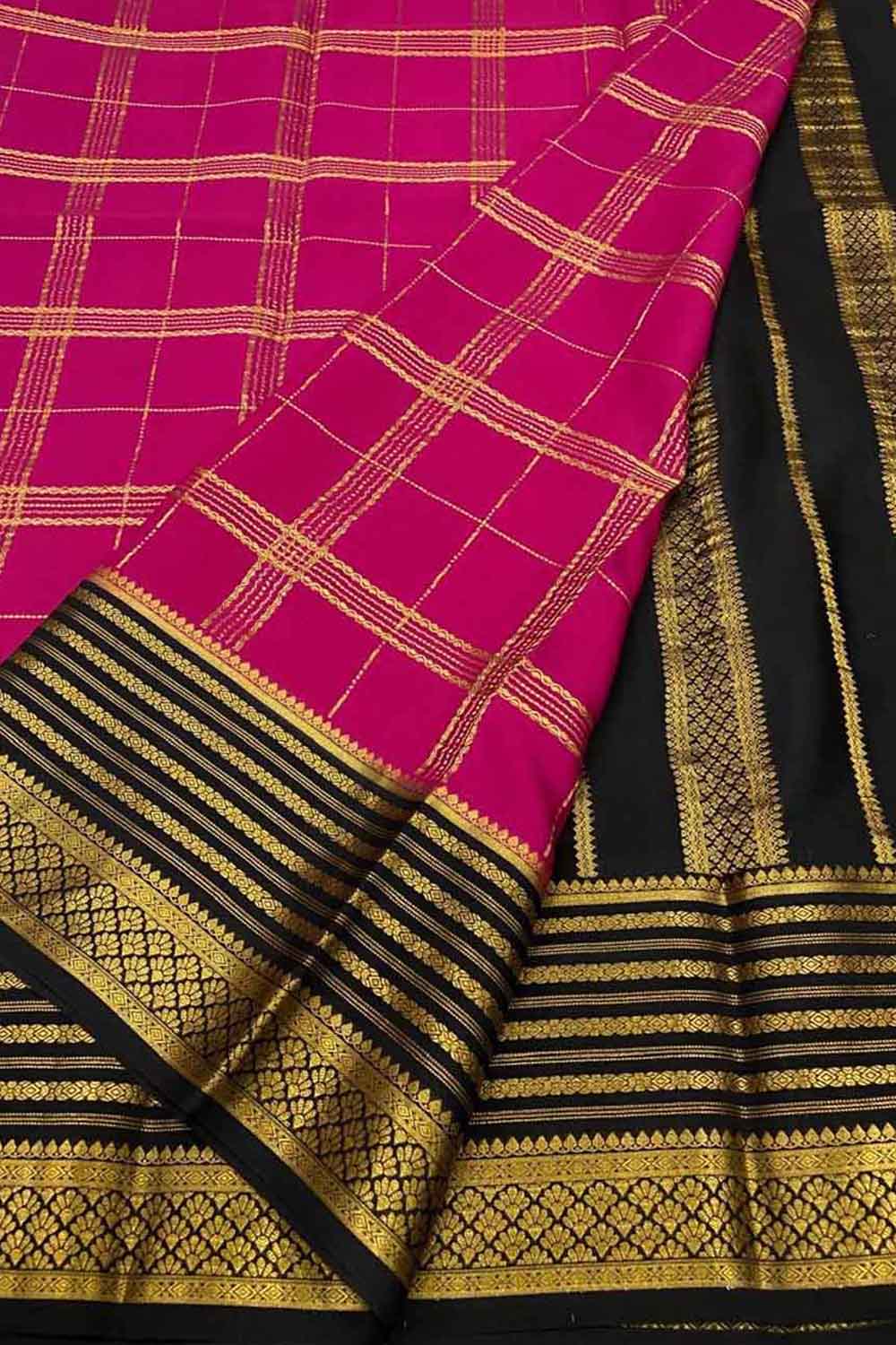 Pink Mysore Crepe Silk Checks Saree — Handloom Weave, Casual