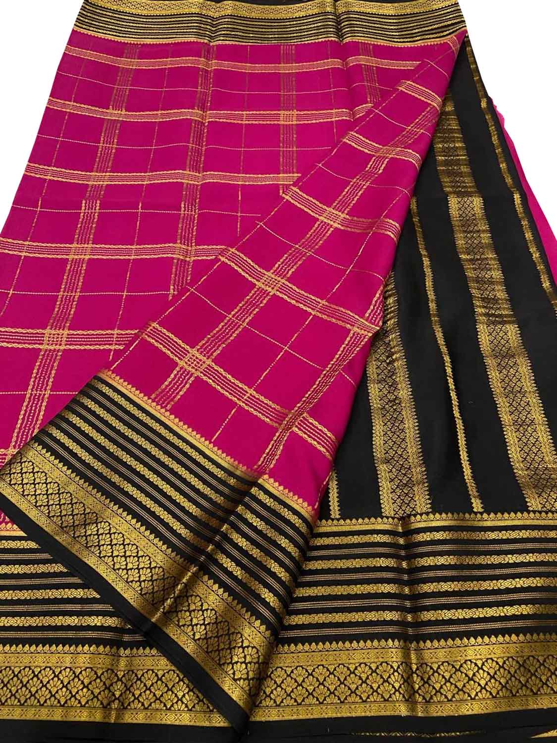 Pink Mysore Crepe Silk Checks Saree — Handloom Weave, Casual