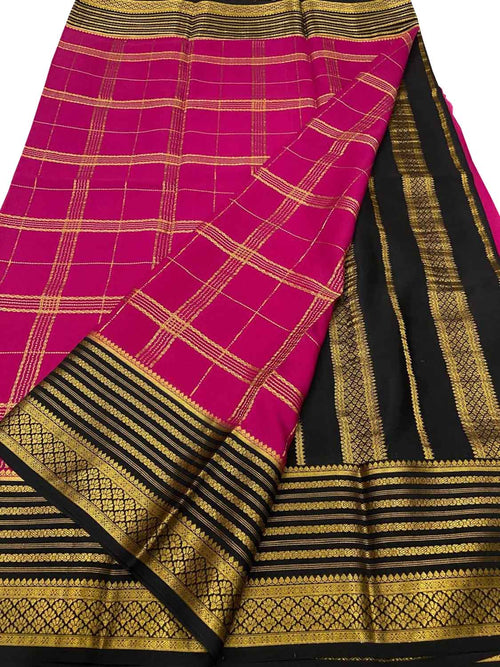 Pink Mysore Crepe Silk Checks Saree — Handloom Weave, Casual