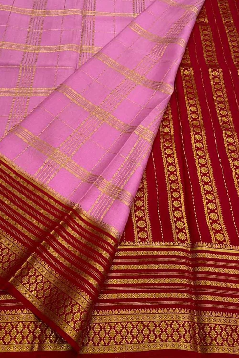 Pink Mysore Crepe Silk Checks Saree — Handloom Weave, Gifting