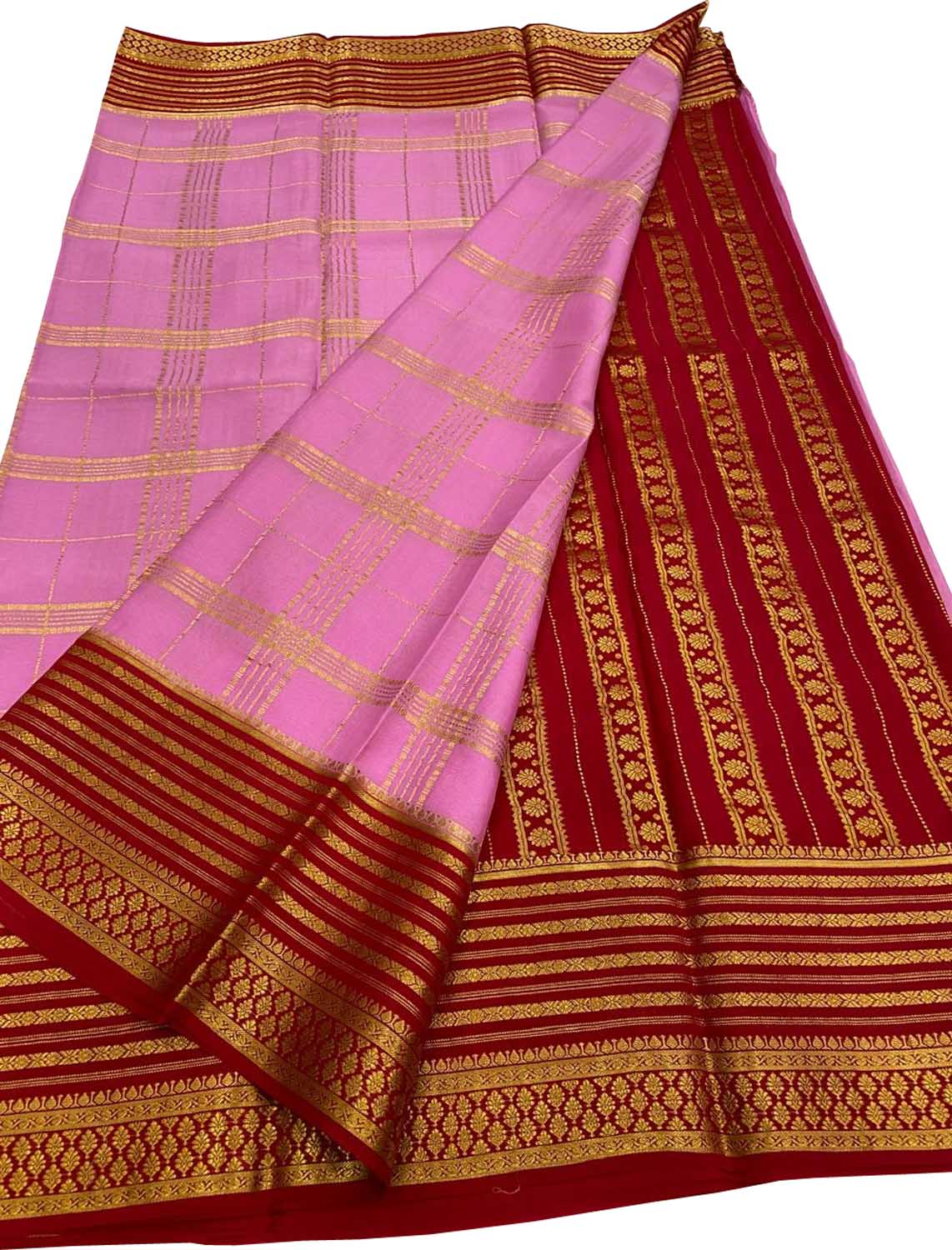Pink Mysore Crepe Silk Checks Saree — Handloom Weave, Gifting