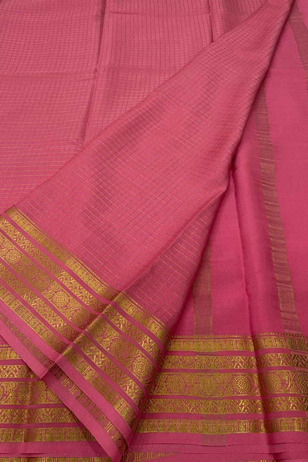 Pink Handloom Mysore Pure Crepe Silk Checks Design Saree