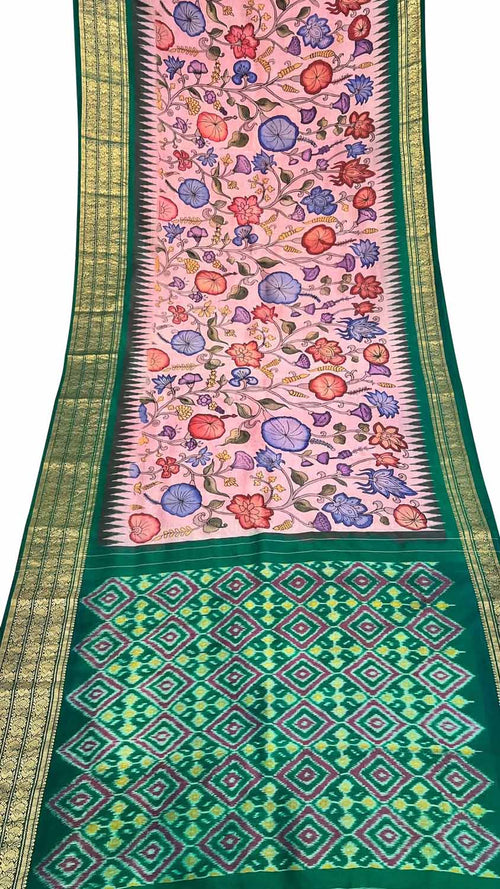 Pink Kalamkari Hand Painted Ikat Kanjeevaram Pure Silk Saree