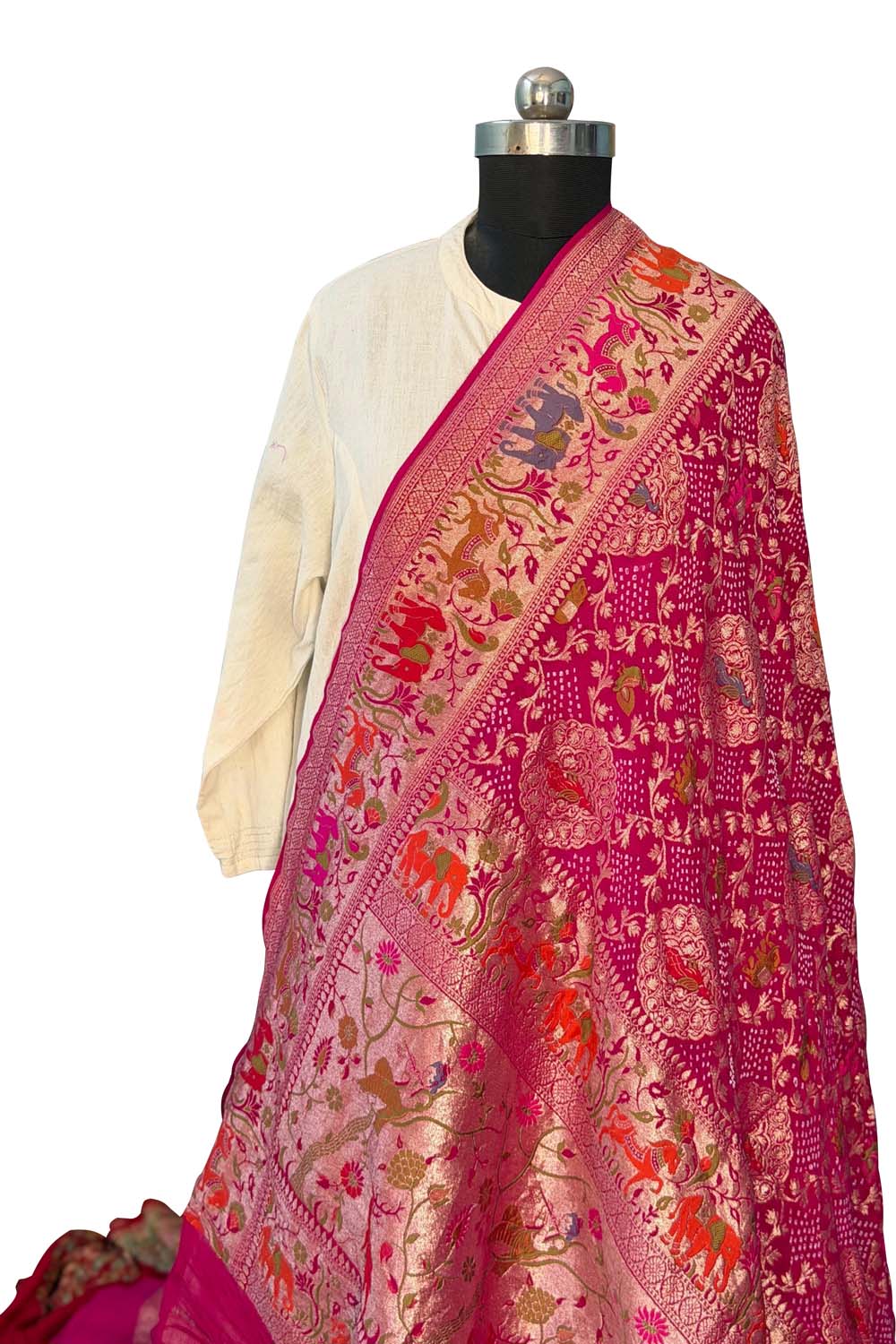 Pink Pure Georgette Banarasi Bandhani Meenakari Dupatta