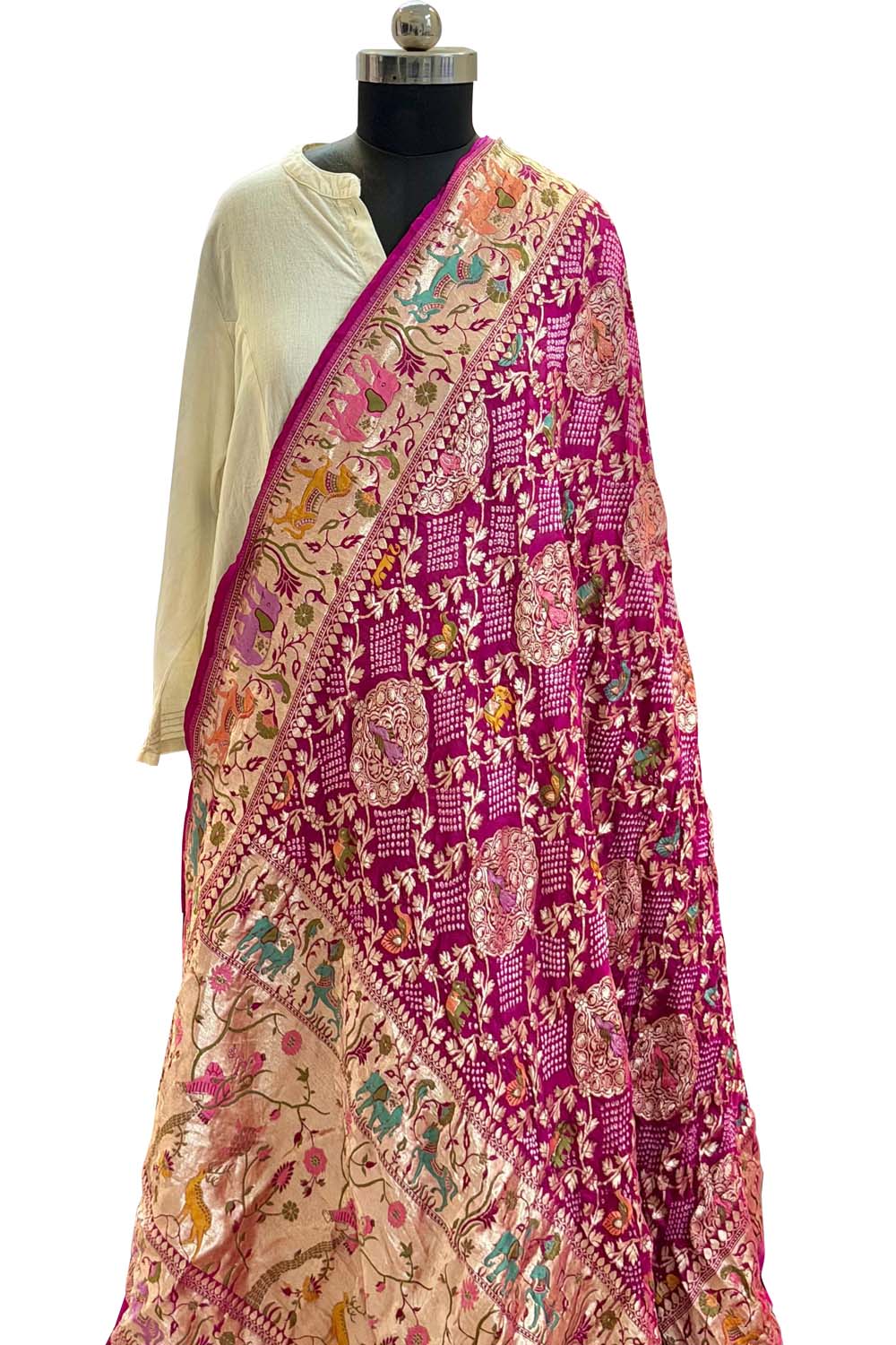 Pink Pure Georgette Banarasi Bandhani Meenakari Dupatta
