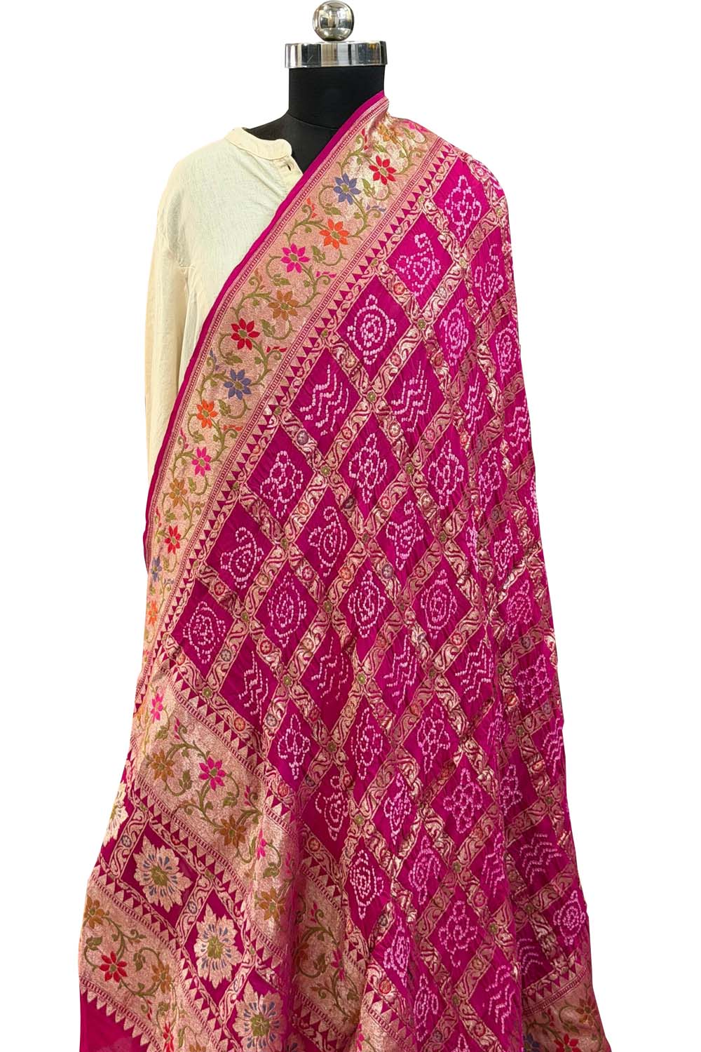 Pink Pure Georgette Banarasi Bandhani Meenakari Dupatta