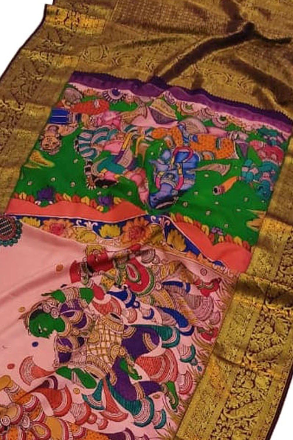 Pink Kanjeevaram Pure Silk Saree Hand Painted Kalamkari Festive