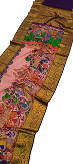 Pink Kanjeevaram Pure Silk Saree Hand Painted Kalamkari Festive