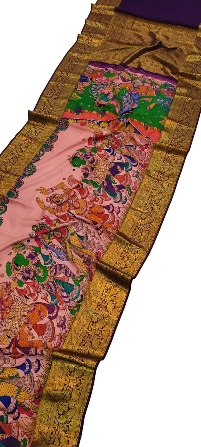 Pink Kanjeevaram Pure Silk Saree Hand Painted Kalamkari Festive