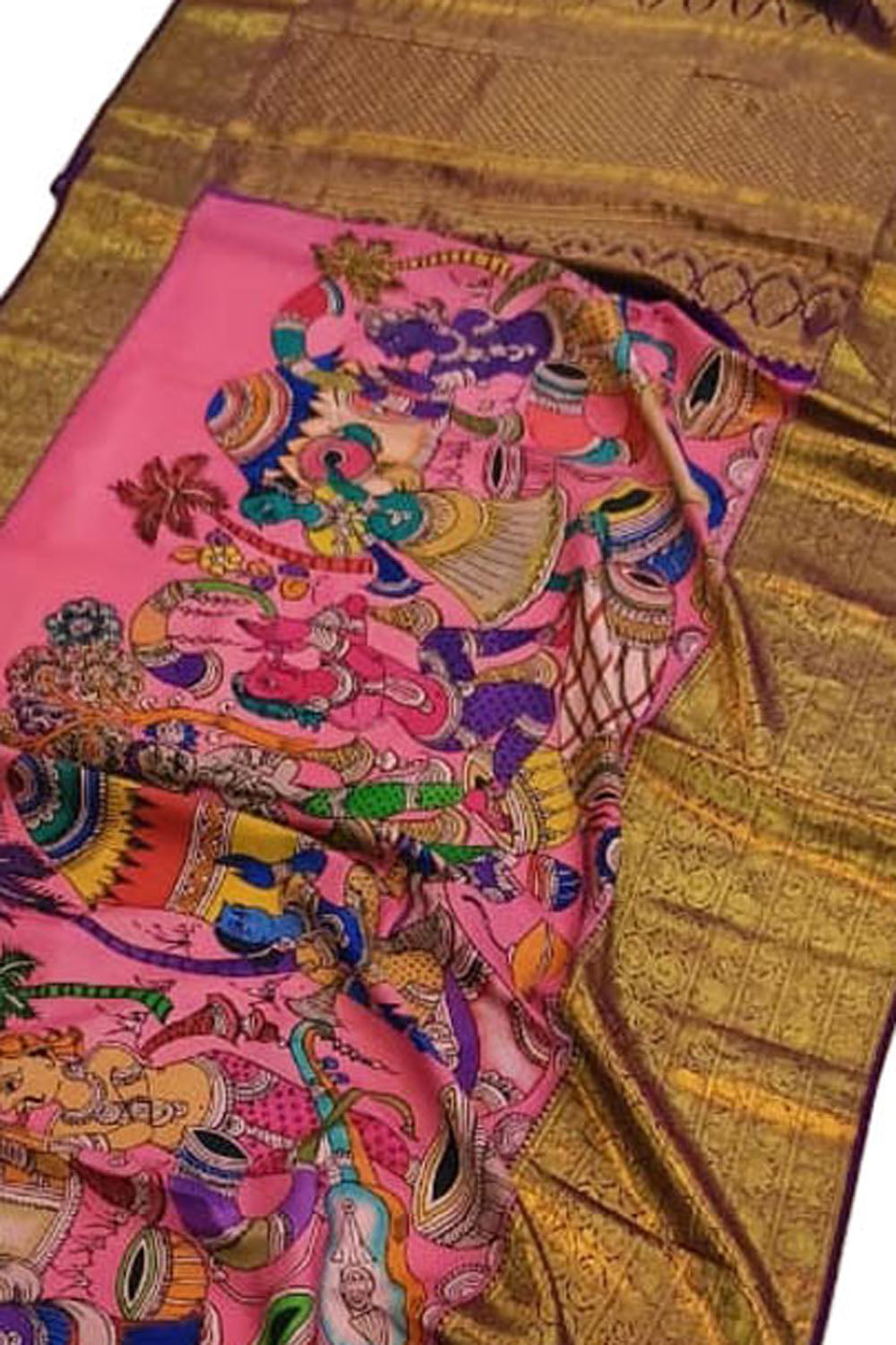 Pink Kanjeevaram Pure Silk Saree Hand Painted Kalamkari Heritage