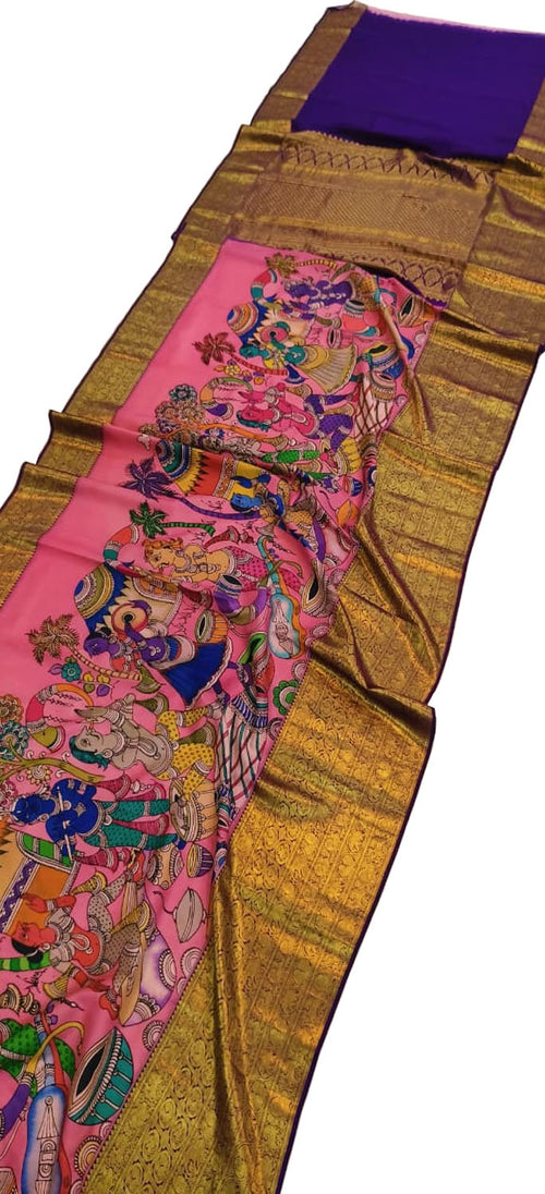 Pink Kanjeevaram Pure Silk Saree Hand Painted Kalamkari Heritage