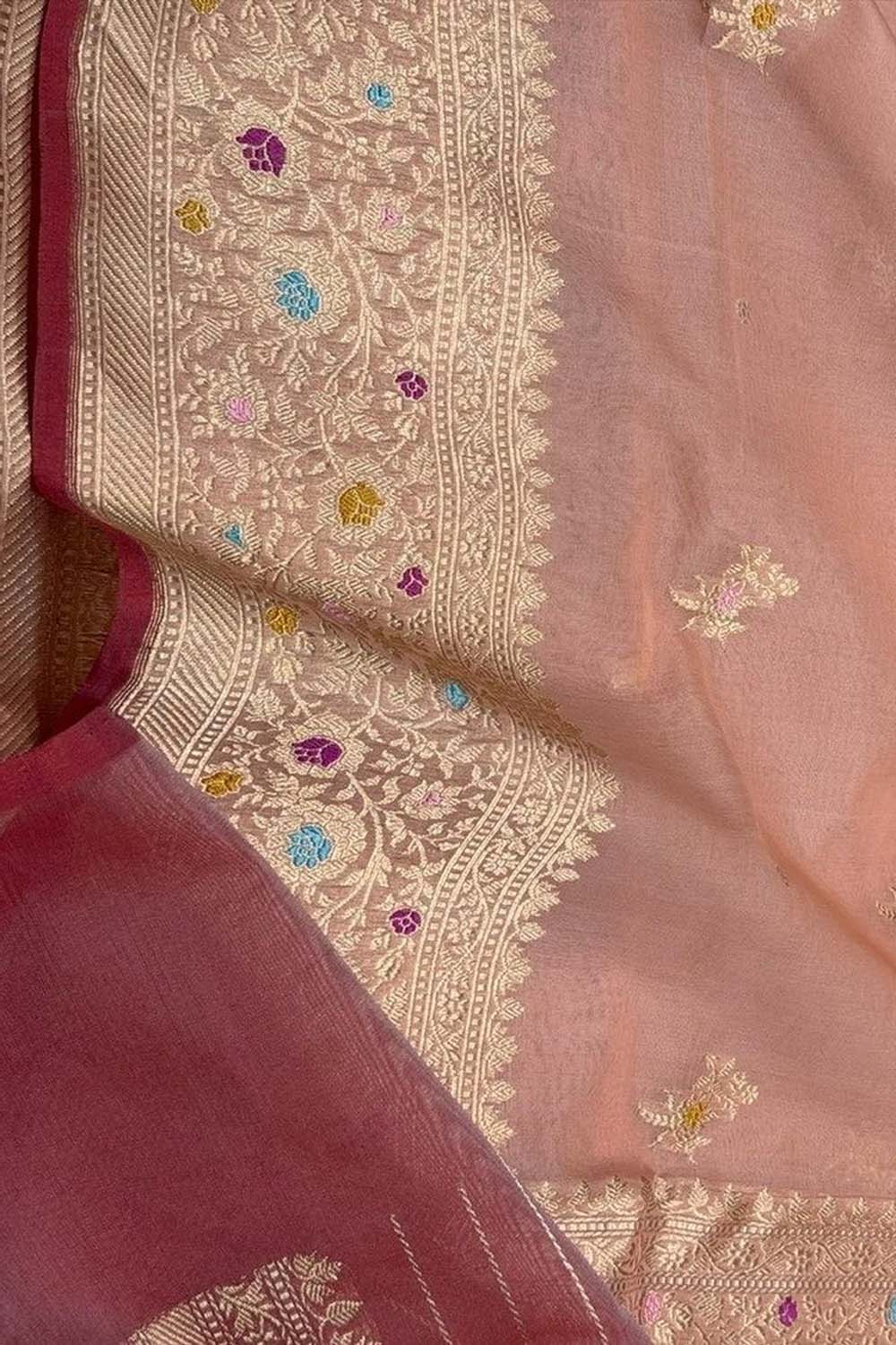 Pink Pure Kora Tissue Banarasi Handloom Meenakari Weaved Saree