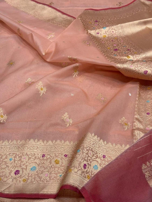 Pink Banarasi Pure Kora Tissue Handloom Saree Meenakari