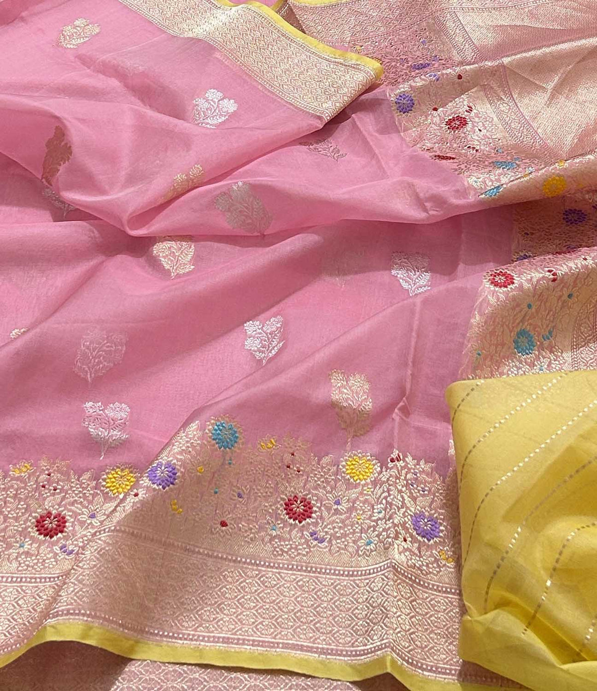 Pink Banarasi Pure Kora Tissue Handloom Saree Meenakari