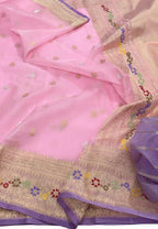 Pink Pure Kora Tissue Banarasi Handloom Meenakari Weaved Saree