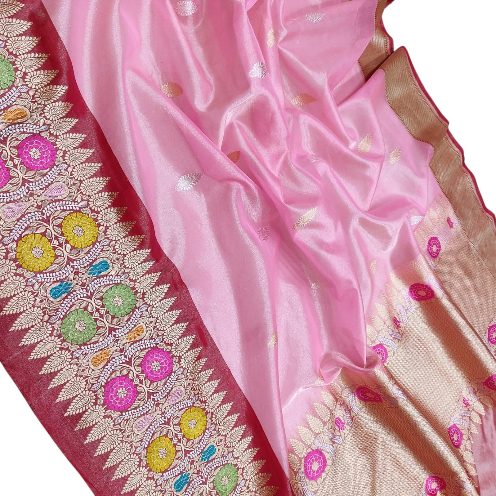 Pink Banarasi Kora Tissue Silk Saree — Meenakari Skirt Border, Festive Splendour