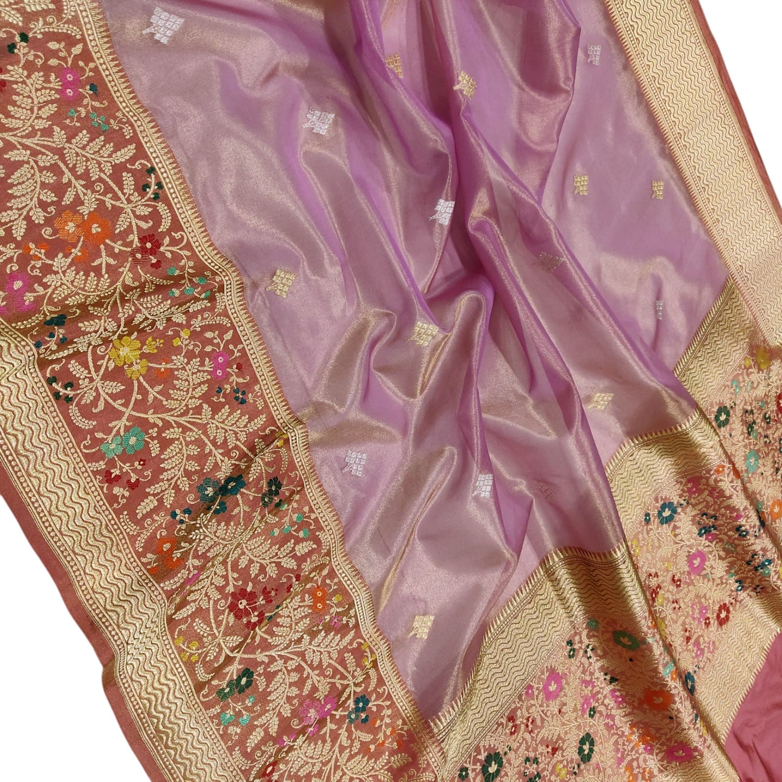 Pink Banarasi Kora Tissue Silk Saree — Meenakari Skirt Border, Bridal Radiance