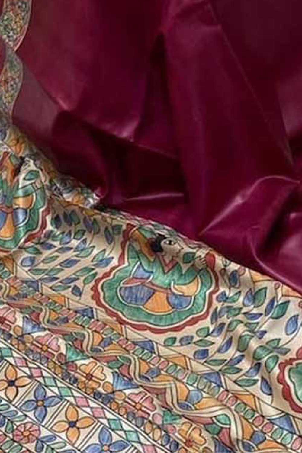 Pink Pure Tussar Silk Hand Painted Madhubani Saree
